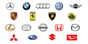 取扱い自動車メーカー(トヨタ、マツダ、日産、ダイハツ、三菱、スズキ、ホンダ、スバル、VW、メルセデス・ベンツ、アウディ、BMW、VOLVO、MINI、ポルシェ、フェラーリ、ロータス)一覧